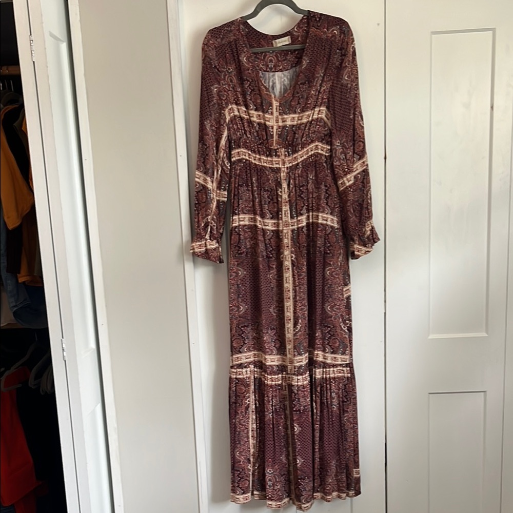 Altar'd State Red and Cream Tiered Sundress with Bishop Sleeves